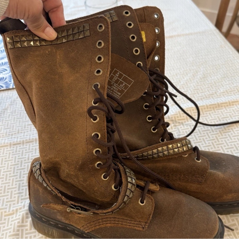 Brown Studded Lace-Up Suede Combat Boots